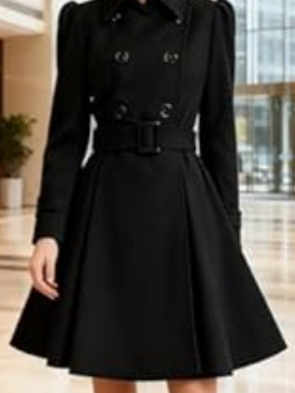Foremode Classic Black Double-Breasted Belted Swing Pea Coat - Size 2X